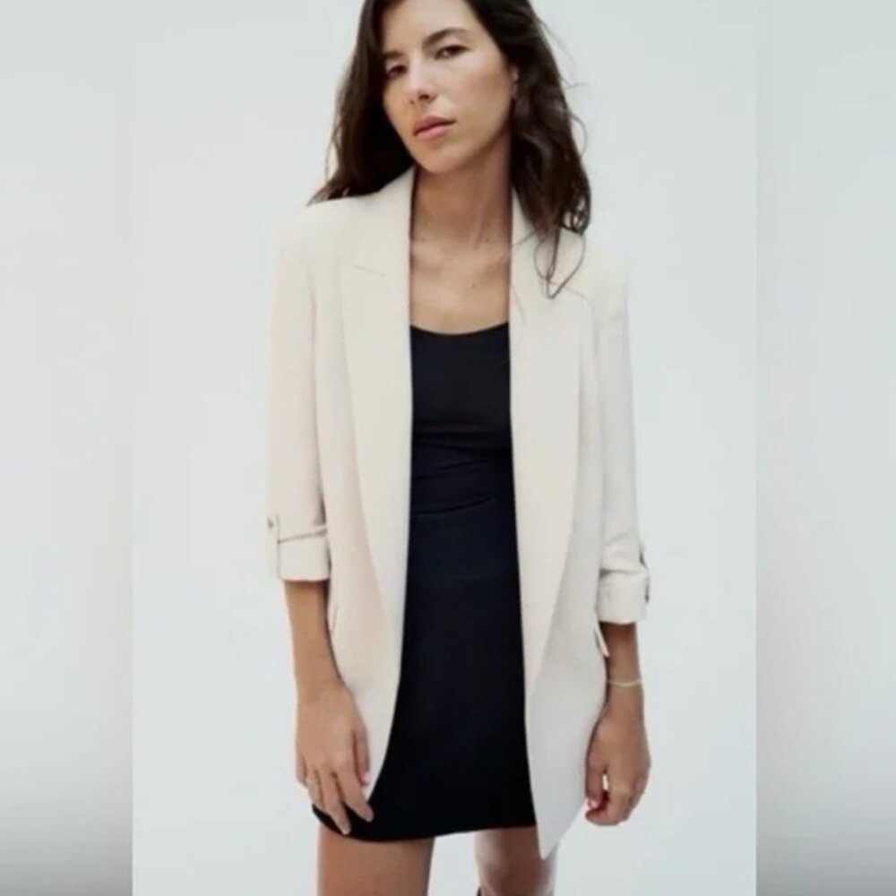 Zara - Blazer with Rolled-Up Sleeves - Light Beige - Size Medium